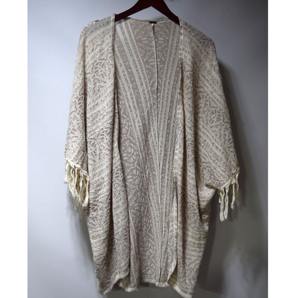 Free People Metallic Fringe Kimono Cardigan Cream Open Front Boho